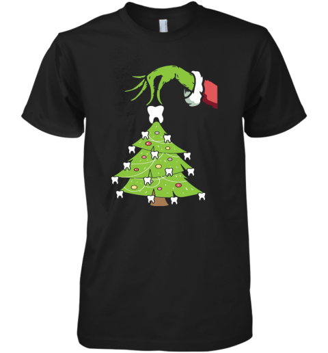 Grinch Hand Holding Tooth Dental Tree Christmas Premium Men's T-Shirt