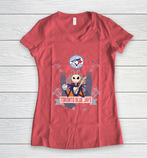 MLB Toronto Blue Jays Baseball Jack Skellington Halloween Women's V-Neck T-Shirt 4