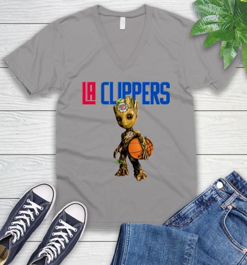 LA Clippers NBA Basketball Groot Marvel Guardians Of The Galaxy V-Neck T-Shirt 4