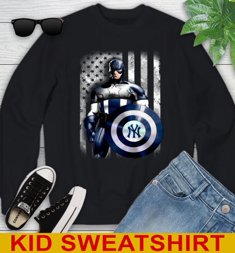 New York Yankees MLB Baseball Captain America Marvel Avengers American Flag Shirt Youth Sweatshirt