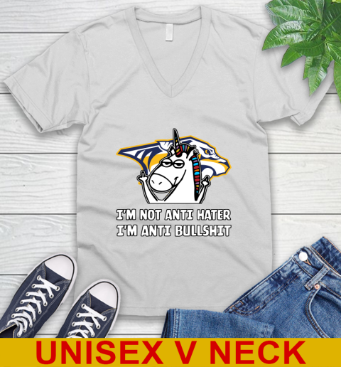Nashville Predators NHL Hockey Unicorn I'm Not Anti Hater I'm Anti Bullshit V-Neck T-Shirt
