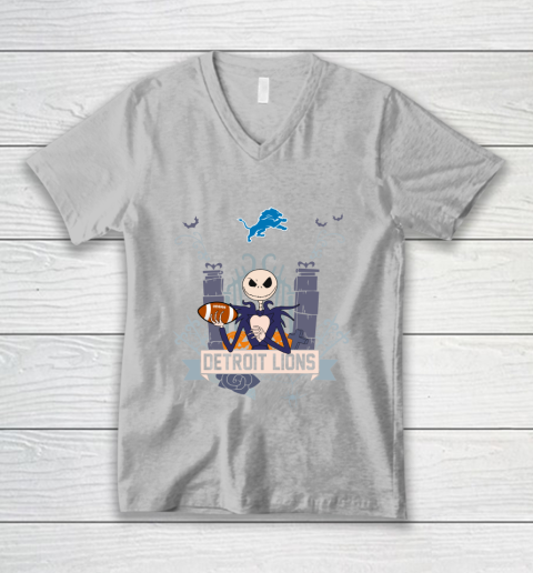 NFL Detroit Lions Football Jack Skellington Halloween V-Neck T-Shirt 3