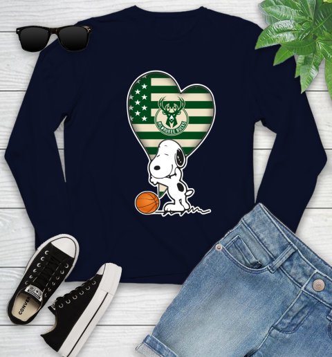 Milwaukee Bucks NBA Basketball The Peanuts Movie Adorable Snoopy Youth Long Sleeve 3