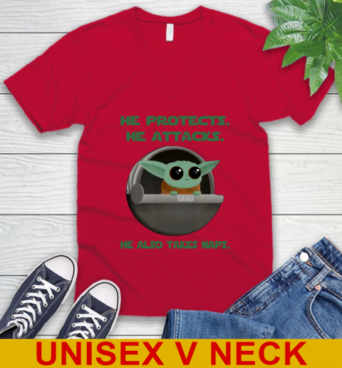 He Protects He Attacks He Also Takes Naps Baby Yoda Star Wars Shirts V-Neck T-Shirt 4