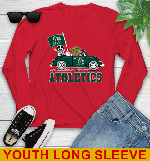 MLB Baseball Oakland Athletics Darth Vader Baby Yoda Driving Star Wars Shirt Youth Long Sleeve - Image 12
