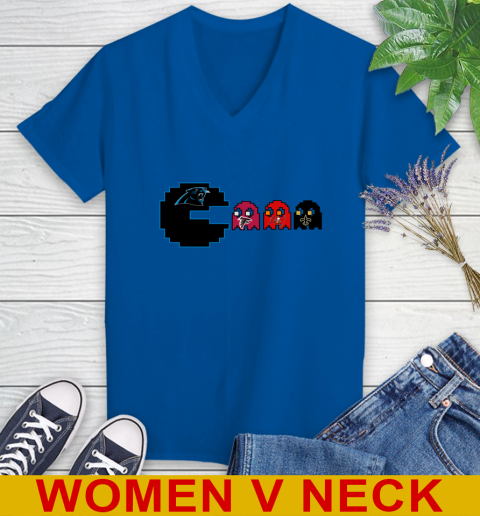 Carolina Panthers NFL Football Pac Man Champion Women's V-Neck T-Shirt 11