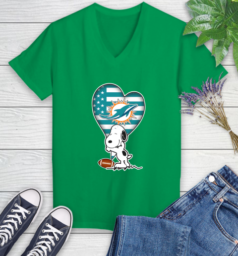 Miami Dolphins NFL Football The Peanuts Movie Adorable Snoopy Women's V-Neck T-Shirt 5