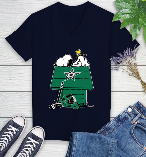 Dallas Stars NHL Hockey Snoopy Woodstock The Peanuts Movie Women's V-Neck T-Shirt 3