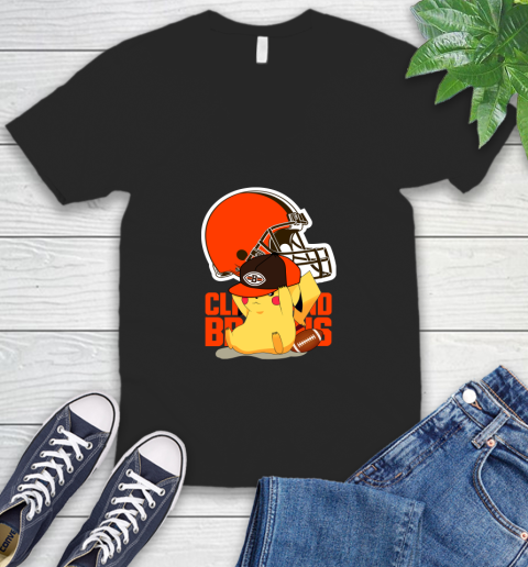 NFL Pikachu Football Sports Cleveland Browns V-Neck T-Shirt 2