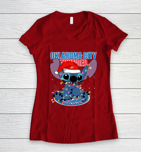 Oklahoma City Thunder NBA noel stitch Basketball Christmas Women's V-Neck T-Shirt 6