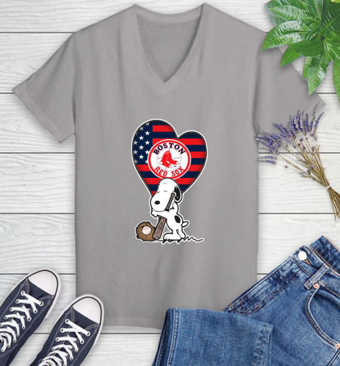 Boston Red Sox MLB Baseball The Peanuts Movie Adorable Snoopy Women's V-Neck T-Shirt 4