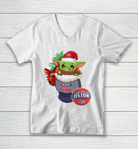 Detroit Pistons Christmas Baby Yoda Star Wars Funny Happy NBA V-Neck T-Shirt 2