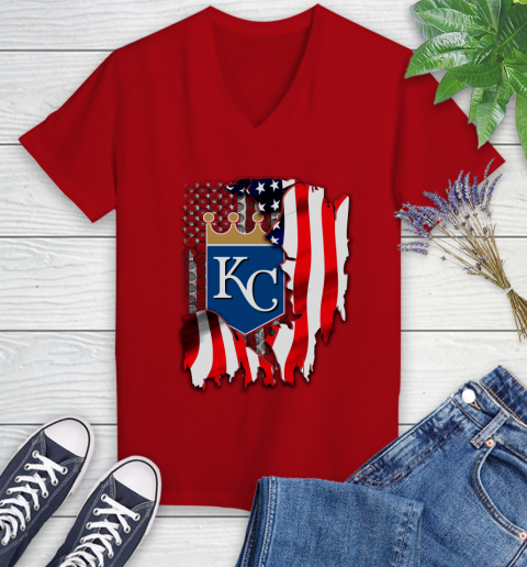 Kansas City Royals MLB Baseball American Flag Women's V-Neck T-Shirt 11