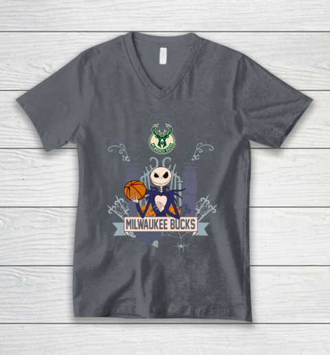 NBA Milwaukee Bucks Basketball Jack Skellington Halloween V-Neck T-Shirt 4