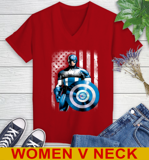 Philadelphia 76ers NBA Basketball Captain America Marvel Avengers American Flag Shirt Women's V-Neck T-Shirt 10