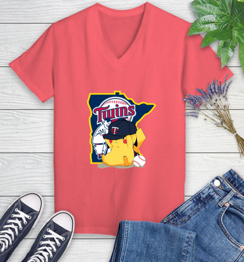MLB Pikachu Baseball Sports Minnesota Twins Women's V-Neck T-Shirt 6