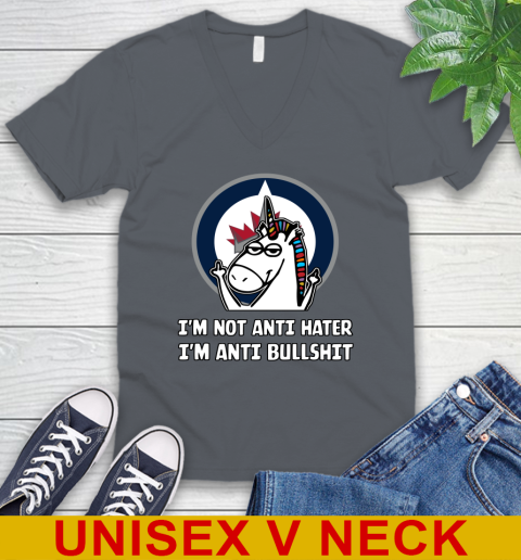 Winnipeg Jets NHL Hockey Unicorn I'm Not Anti Hater I'm Anti Bullshit V-Neck T-Shirt 5