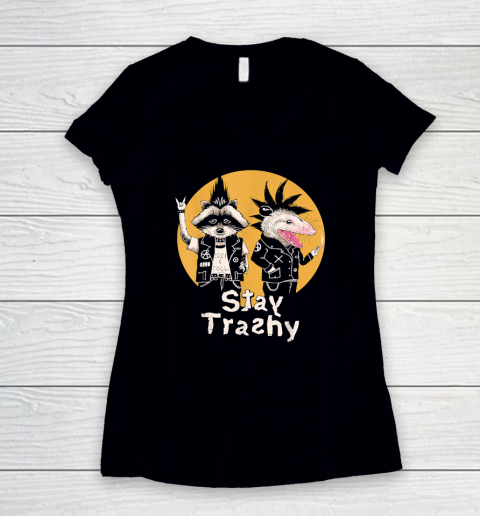 Funny Stay Trashy Opossum Raccoon Rock Women's V-Neck T-Shirt