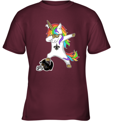 8cwy football dabbing unicorn steps on helmet new orleans saints youth t shirt 26 front maroon