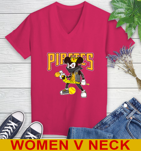 Pittsburgh Pirates MLB Baseball Mickey Peace Sign Sports Women's V-Neck T-Shirt 10
