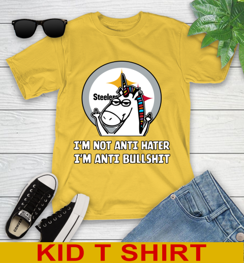 Pittsburgh Steelers NFL Football Unicorn I'm Not Anti Hater I'm Anti Bullshit Youth T-Shirt 8