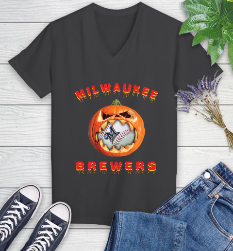 MLB Milwaukee Brewers Halloween Pumpkin Baseball Sports Women's V-Neck T-Shirt 8