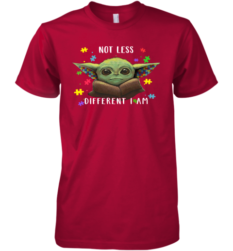 qjlx not less different i am baby yoda autism awareness shirts premium guys tee 5 front red