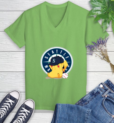 MLB Pikachu Baseball Sports Seattle Mariners Women's V-Neck T-Shirt 11