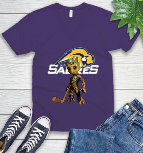 Buffalo Sabres NHL Hockey Groot Marvel Guardians Of The Galaxy V-Neck T-Shirt 10