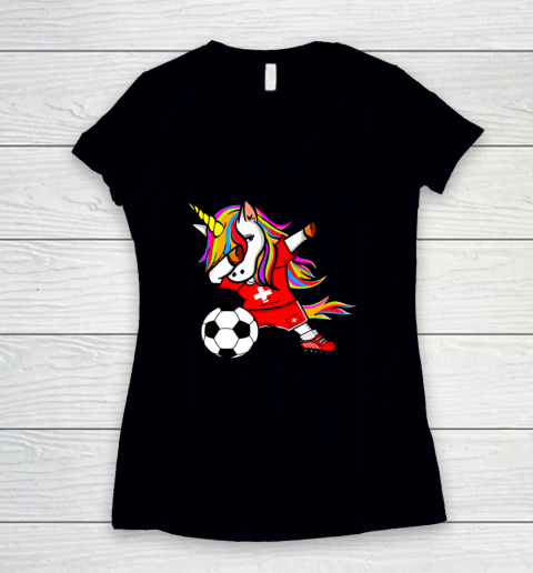 Dabbing Unicorn Switzerland Football Swiss Flag Soccer Women's V-Neck T-Shirt