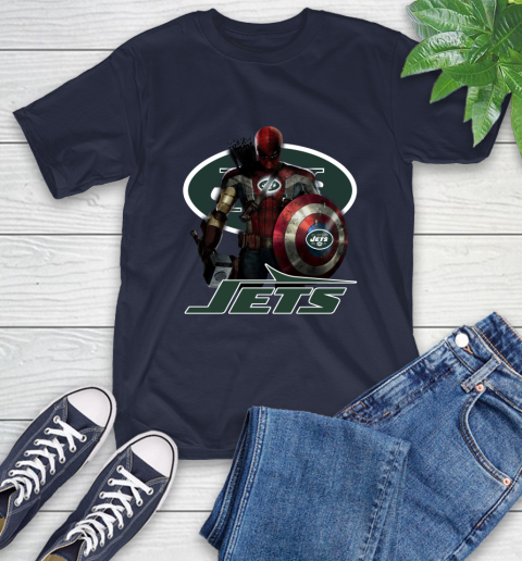 NFL Captain America Thor Spider Man Hawkeye Avengers Endgame Football New York Jets T-Shirt 4