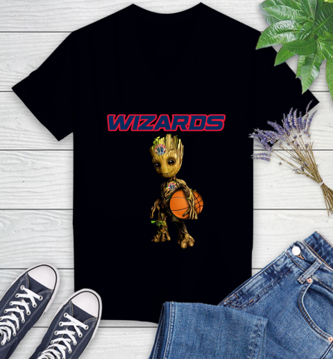 Washington Wizards NBA Basketball Groot Marvel Guardians Of The Galaxy Women's V-Neck T-Shirt 2