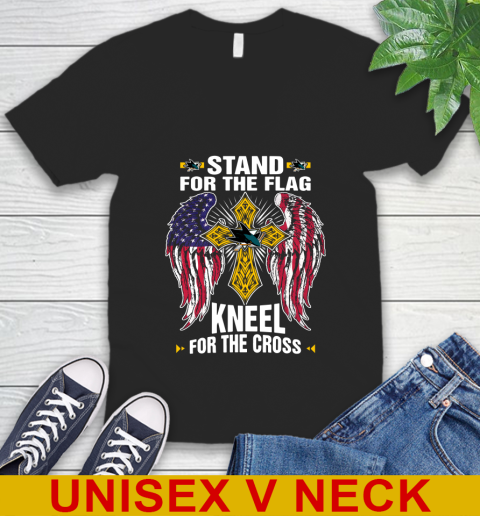 NHL Hockey San Jose Sharks Stand For Flag Kneel For The Cross Shirt V-Neck T-Shirt