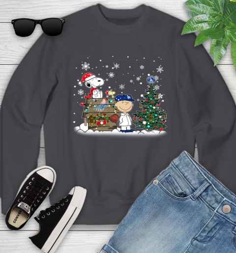 MLB Los Angeles Dodgers Snoopy Charlie Brown Christmas Baseball Commissioner's Trophy Youth Sweatshirt 5