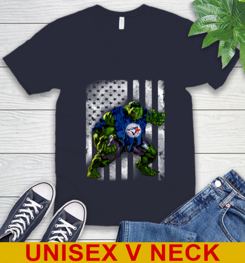 Toronto Blue Jays Hulk Marvel Avengers MLB Baseball American Flag V-Neck T-Shirt 2