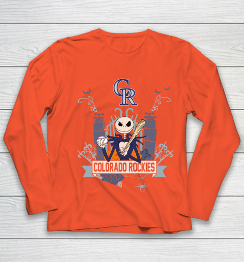 MLB Colorado Rockies Baseball Jack Skellington Halloween Youth Long Sleeve 3