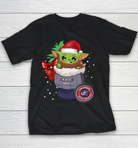 Columbus Blue Jackets Christmas Baby Yoda Star Wars Funny Happy NHL Youth T-Shirt 2