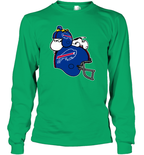 izdv snoopy and woodstock resting on buffalo bills helmet youth long sleeve 50 front irish green