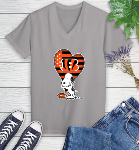Cincinnati Bengals NFL Football The Peanuts Movie Adorable Snoopy Women's V-Neck T-Shirt 4