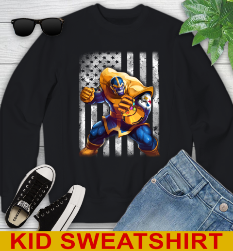 NFL Football Pittsburgh Steelers Thanos Marvel American Flag Shirt Youth Sweatshirt