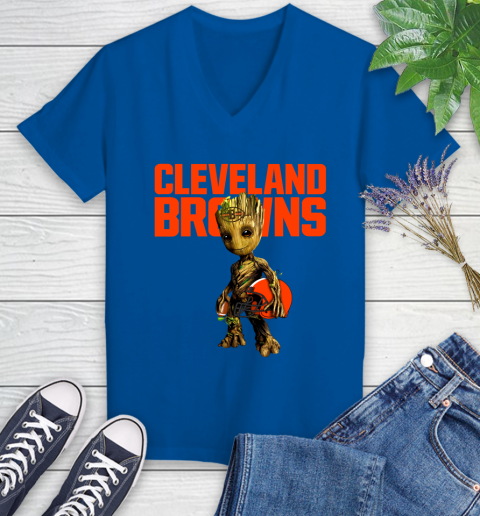 Cleveland Browns NFL Football Groot Marvel Guardians Of The Galaxy Women's V-Neck T-Shirt 10