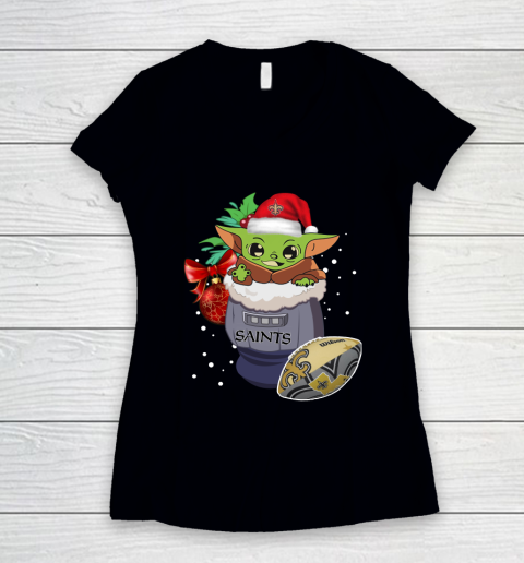 New Orleans Saints Christmas Baby Yoda Star Wars Funny Happy NFL Women's V-Neck T-Shirt