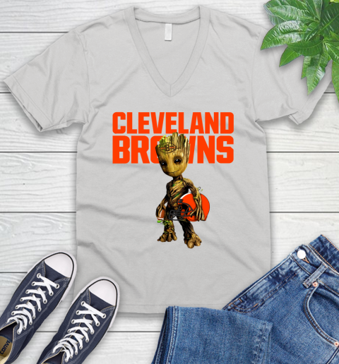 Cleveland Browns NFL Football Groot Marvel Guardians Of The Galaxy V-Neck T-Shirt