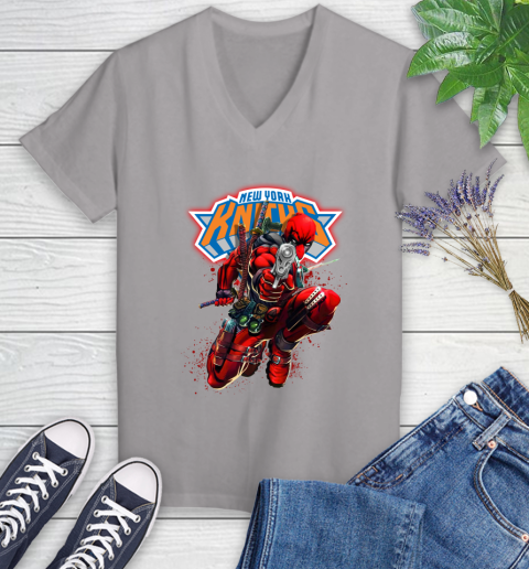 NBA Deadpool Marvel Comics Sports Basketball New York Knicks Women's V-Neck T-Shirt 4