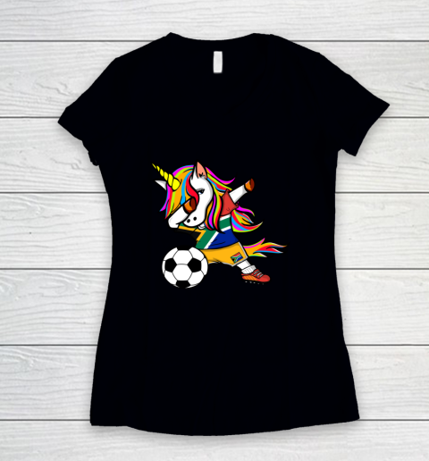 Funny Dabbing Unicorn South Africa Football Flag Soccer Women's V-Neck T-Shirt