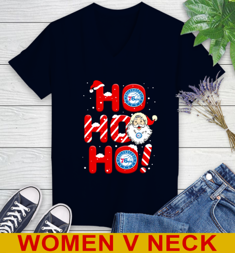 Philadelphia 76ers NBA Basketball Ho Ho Ho Santa Claus Merry Christmas Shirt Women's V-Neck T-Shirt 2