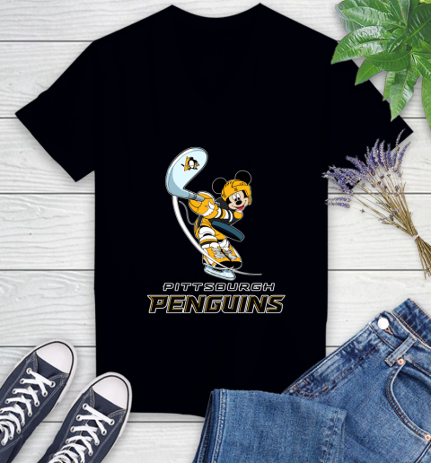 NHL Hockey Pittsburgh Penguins Cheerful Mickey Mouse Shirt Women's V-Neck T-Shirt