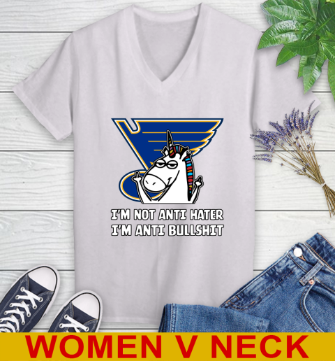 St.Louis Blues NHL Hockey Unicorn I'm Not Anti Hater I'm Anti Bullshit Women's V-Neck T-Shirt