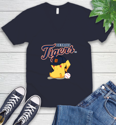 MLB Pikachu Baseball Sports Detroit Tigers V-Neck T-Shirt 3