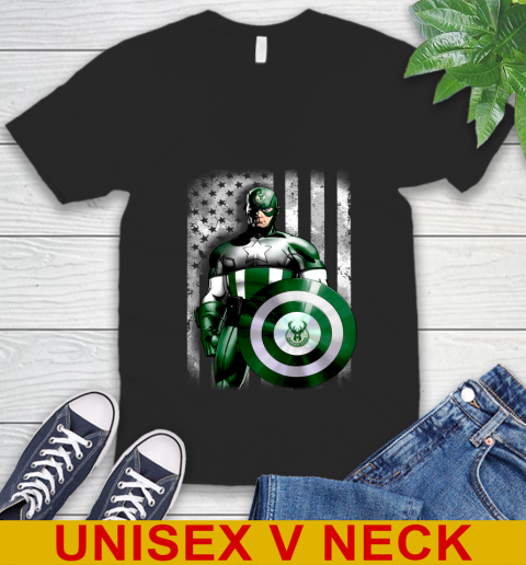 Milwaukee Bucks NBA Basketball Captain America Marvel Avengers American Flag Shirt V-Neck T-Shirt
